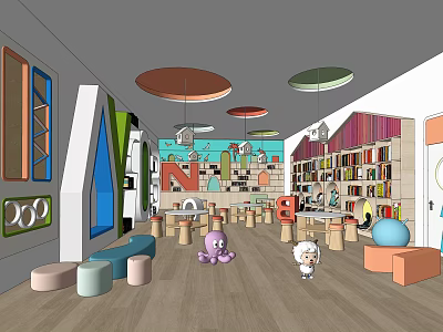 Colorful Kindergarten Interior with Bookshelves Playful Toys and Seating Areas 3d model