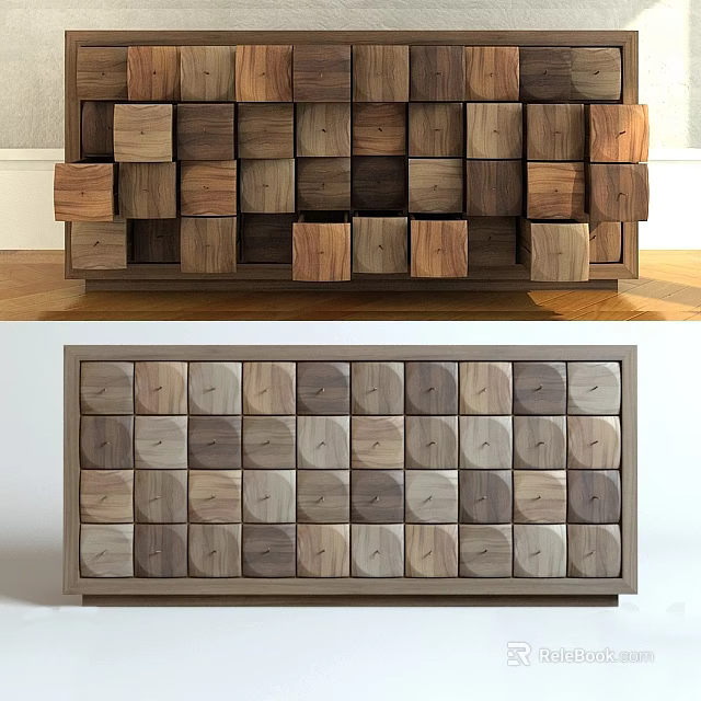 Modern Wooden Entryway And Side Cabinet With Cube Pattern Storage Design 3d model