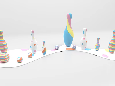 Colorful Photo Spot With Bowling Pins Balls Stripes Polka Dots On Curved White Platform 3d model