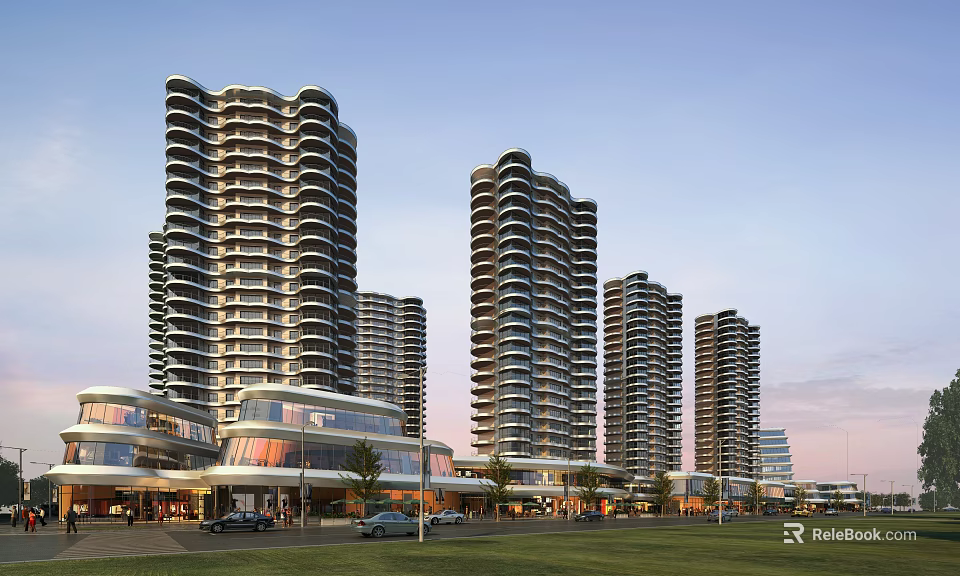 Modern Commercial Street With Tall Curved Buildings Shops Cars And Trees 3d model 