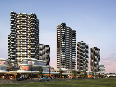 Modern Commercial Street With Tall Curved Buildings Shops Cars And Trees 3d model