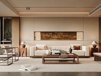 New Chinese Song Style Living Room Sofa Coffee Table Combination Leisure Chair Sofa Stool Chinese Background Wall 3d model