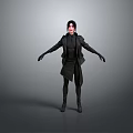 3D Human Character In Black Outfit Standing With Arms Outstretched On Gray Background