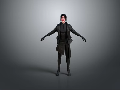 3D Human Character In Black Outfit Standing With Arms Outstretched On Gray Background 3d model