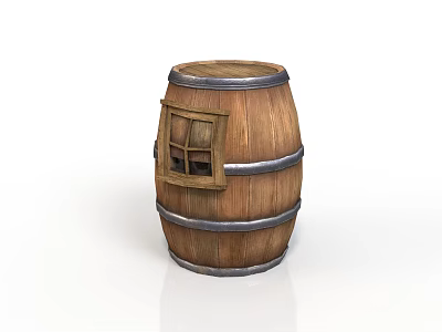 Wooden Barrel Storage Container With Small Window And Metal Hoops For Home Use 3d model