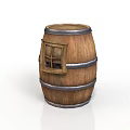 Wooden Barrel Storage Container With Small Window And Metal Hoops For Home Use