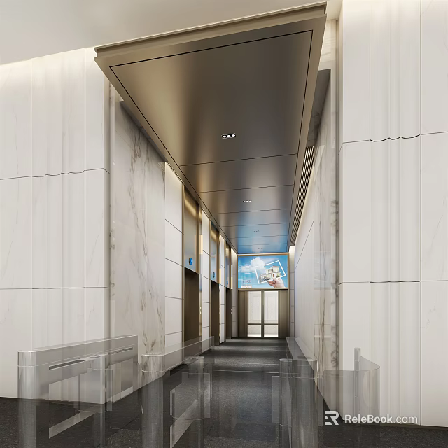 Modern Elevator Lobby Interior Design With Marble Walls And Ceiling Lighting Strips 3d model 
