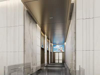 Modern Elevator Lobby Interior Design With Marble Walls And Ceiling Lighting Strips 3d model