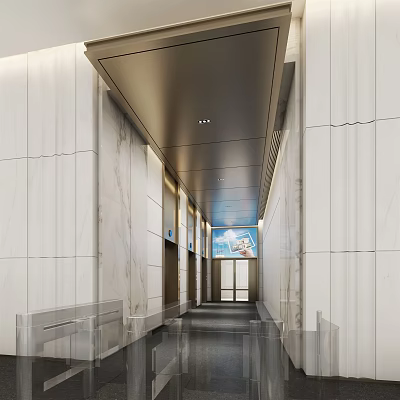Modern Elevator Lobby Interior Design With Marble Walls And Ceiling Lighting Strips 3d model