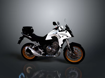 Stylish White Adventure Motorcycle With Black Seat Orange Wheels And Rear Box Design 3d model