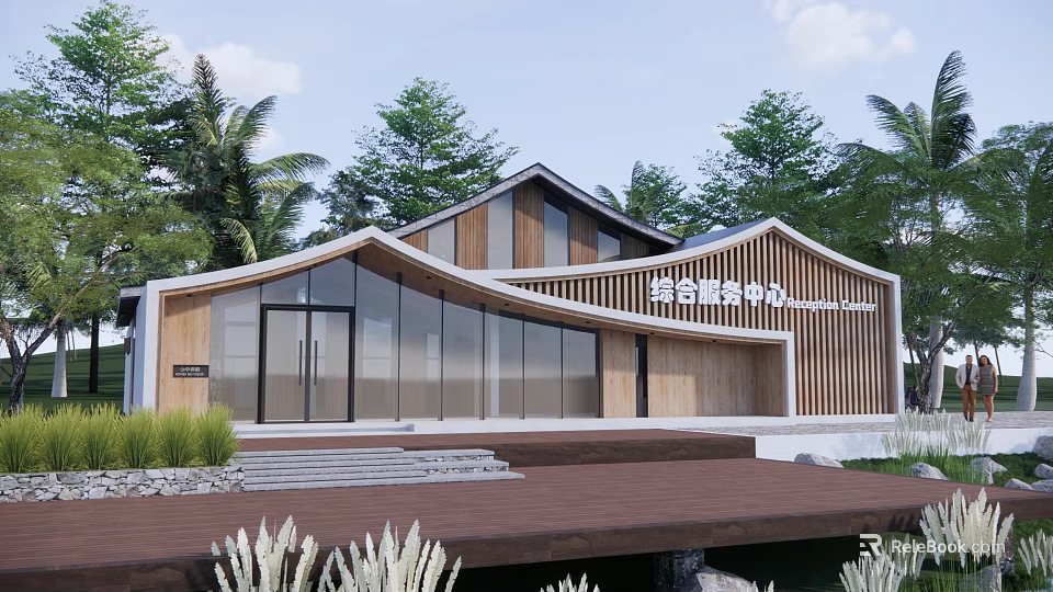 Modern Visitor Center With Wooden Glass Facade Surrounded by Lush Trees and Scenic Landscape 3d model 