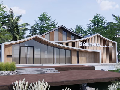 Modern Visitor Center With Wooden Glass Facade Surrounded by Lush Trees and Scenic Landscape 3d model