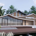 Modern Visitor Center With Wooden Glass Facade Surrounded by Lush Trees and Scenic Landscape