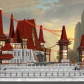 Traditional Chinese Ancient Architecture with Red Spire Roofs Stone Steps Decorative Lanterns and Mountain Backdrop