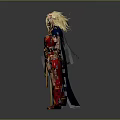 Fantasy Female Mage Character With Golden Hair Red Blue Armor Black Cape And Creature Themed Staff