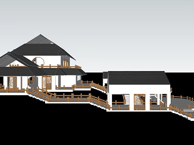 Traditional Chinese Architecture 3D Model With Black Roof And Wooden Railings 3d model