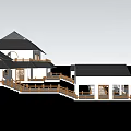 Traditional Chinese Architecture 3D Model With Black Roof And Wooden Railings