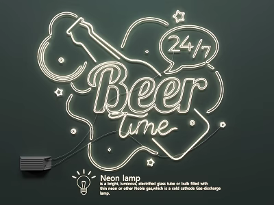 Neon Light Fixture with Beer Bottle Design 24/7 Sign and Stars Bubbles for Decorative Use 3d model