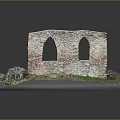 Ancient Stone Ruin Scenery With Arched Windows Green Grass And Rubble