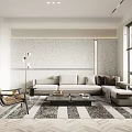Modern Living Room Interior With Grey Sectional Sofa Patterned Rug Accent Chair And Coffee Table
