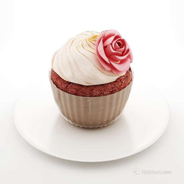 Red Velvet Cupcake With White Cream Frosting And Pink Rose Decoration On White Plate 3d model 