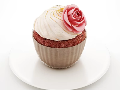 Red Velvet Cupcake With White Cream Frosting And Pink Rose Decoration On White Plate 3d model
