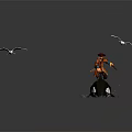 Pirate in Red Hat and Orange Outfit Riding Orca with Seagulls Flying and Water Splashes