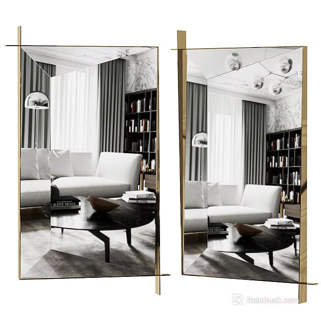 Elegant Modern Living Room Floor Mirror With White Sofa Black Coffee Table And Bookshelf 3d model 