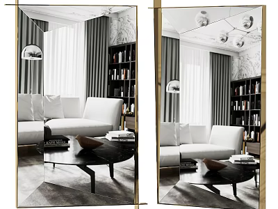 Elegant Modern Living Room Floor Mirror With White Sofa Black Coffee Table And Bookshelf 3d model