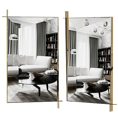 Elegant Modern Living Room Floor Mirror With White Sofa Black Coffee Table And Bookshelf 3d model