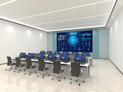 Modern Conference Room Interior With Large Data Screen Multiple Computers Office Chairs And Light Floor 3d model