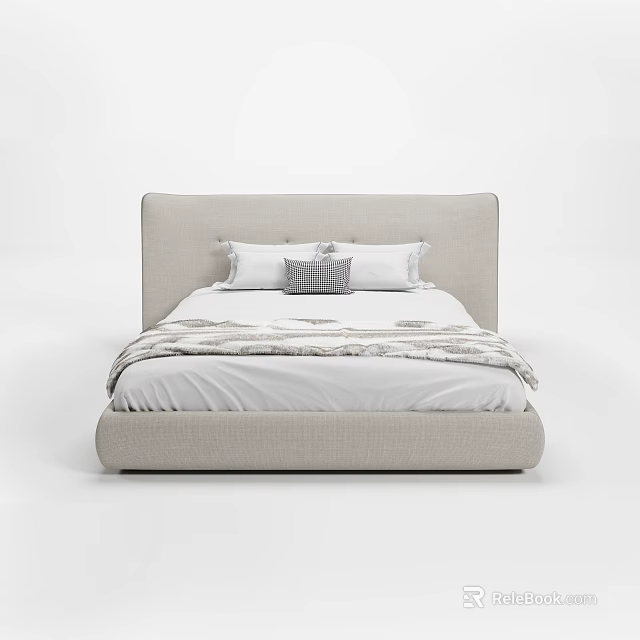 Modern Double Bed With Beige Upholstered Headboard White Pillows And Patterned Bedspread 3d model