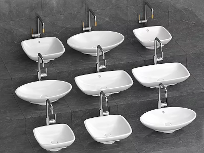 Modern Ceramic Washbasins Featuring Various Shapes and Wall Mounted Faucets for Contemporary Bathrooms 3d model