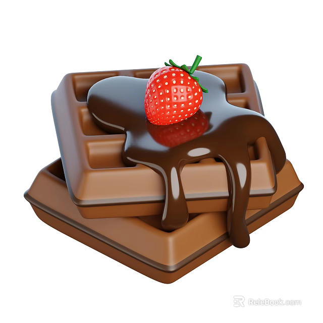 Chocolate Waffles Topped with Fresh Strawberry and Dripping Chocolate Sauce 3d model 
