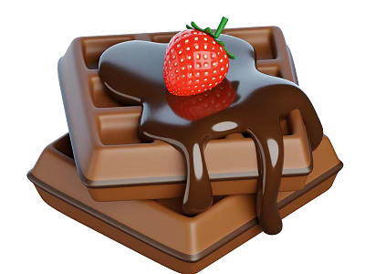 Chocolate Waffles Topped with Fresh Strawberry and Dripping Chocolate Sauce 3d model