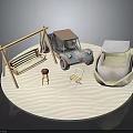 Scene Components With Wooden Swing Vintage Toy Car Small Boat Stool Chair On Sandy Surface