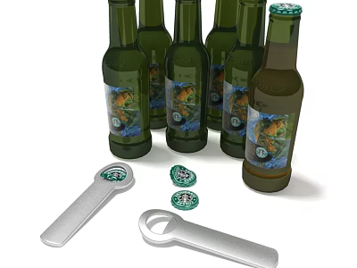 Green Beer Bottles With Labels And Modern Beer Glasses On White Background 3d model