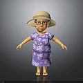 3D Character Model Of Woman In Purple Floral Dress With Wide Brimmed Hat And Glasses