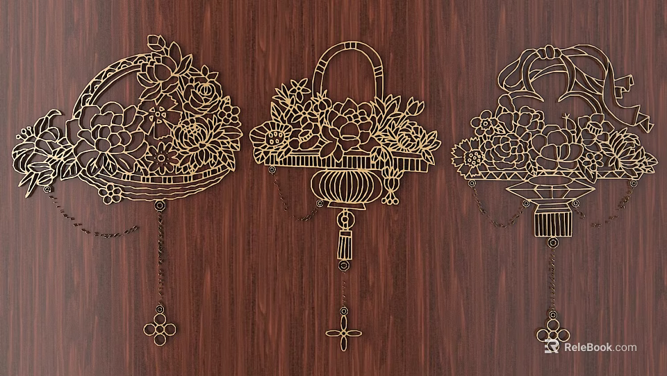 Ornate Golden Floral Carvings with Basket Lantern Designs on Wooden Background 3d model 