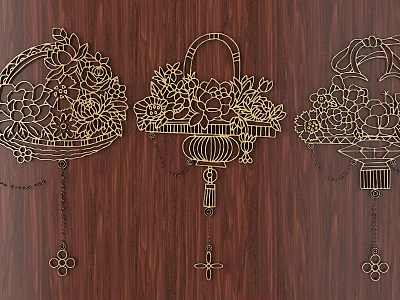 Ornate Golden Floral Carvings with Basket Lantern Designs on Wooden Background 3d model