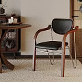 Modern Dining Chair With Black Leather Seat Wooden Armrests Metal Legs And Wooden Round Table