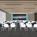 Spacious Conference Room Interior With Wooden Beams Linear Lights Large Cityscape Screen Windows And Arranged Tables