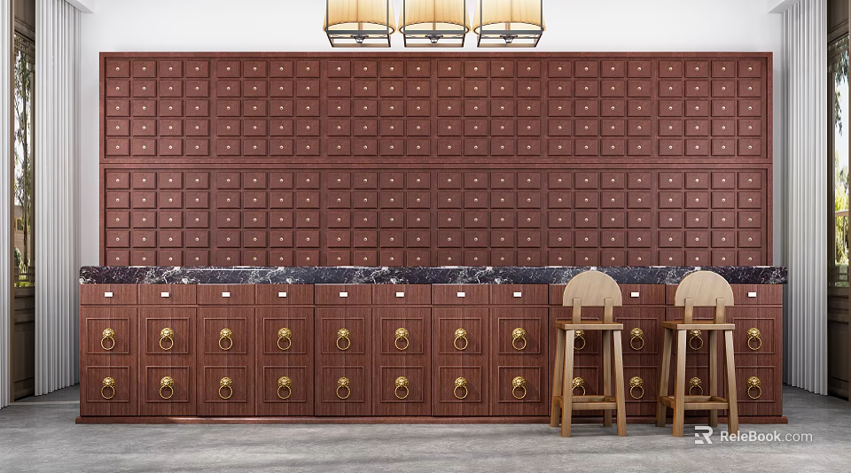 Traditional Chinese Medicine Pharmacy With Wooden Medicine Cabinets Marble Countertop And Stools 3d model 