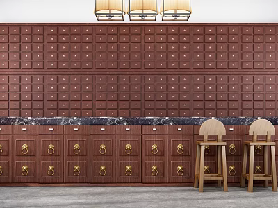 Traditional Chinese Medicine Pharmacy With Wooden Medicine Cabinets Marble Countertop And Stools 3d model