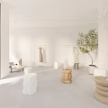 White Clothing Store Interior With Large Windows Sofa Small Table And Hanging Beige Dress
