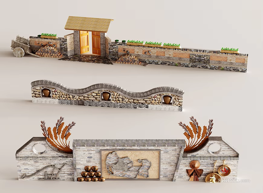 Rustic Stone Decorative Structures With Thatched Hut Wavy Wall Carved Patterns And Wheat Ears 3d model