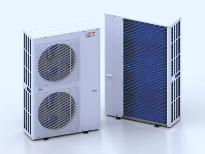 White Air Conditioner Outdoor Unit With Dual Fan And Blue Heat Sink Design 3d model
