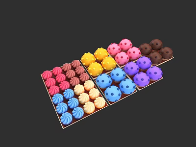 Assorted Colorful Chocolate Truffles Arranged in Compartments with Vibrant Hues 3d model