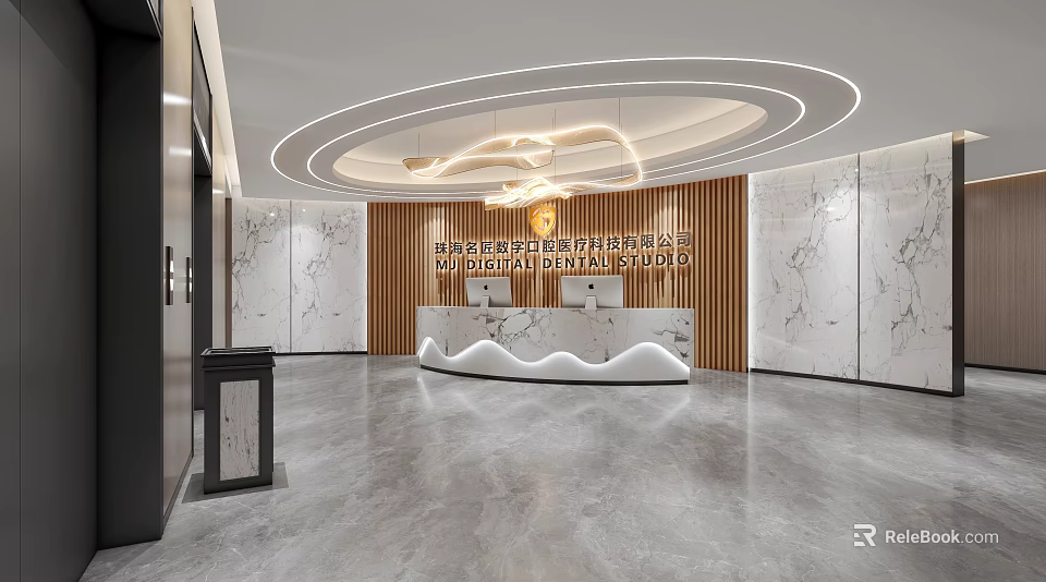 Modern Reception Desk Area With Curved Counter Marble Walls Wooden Backdrop And Chandelier 3d model 