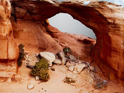 Red Rock Arch Scenic Desert Landscape With Natural Rocks And Small Shrubs 3d model